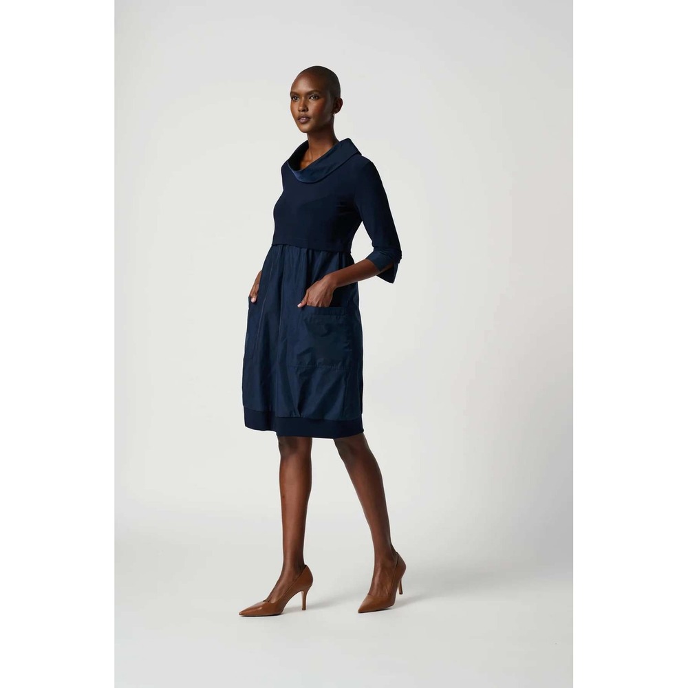 Joseph Ribkoff Dress Womens 12 Teal Blue Mixed Media Pockets Cowl Neck 3/4 Slv